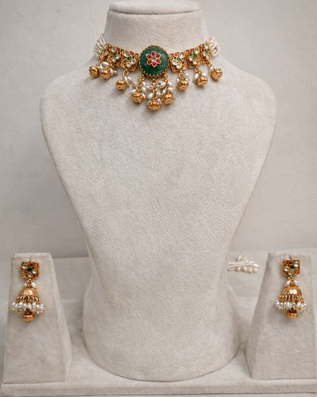 Classic Jadau Kundan Polki Necklace Set with Pearls & Green Onyx-G355800