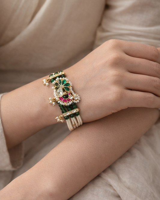 Emerald Green and Pearl Kundan Traditional Indian Bracelet-G351100