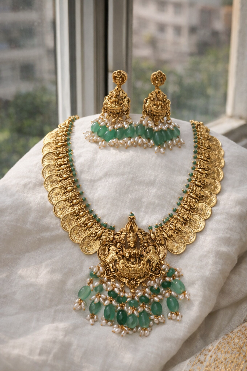 Lakshmi Peacock Coin Necklace Set with Mint Green Beads & Pearls