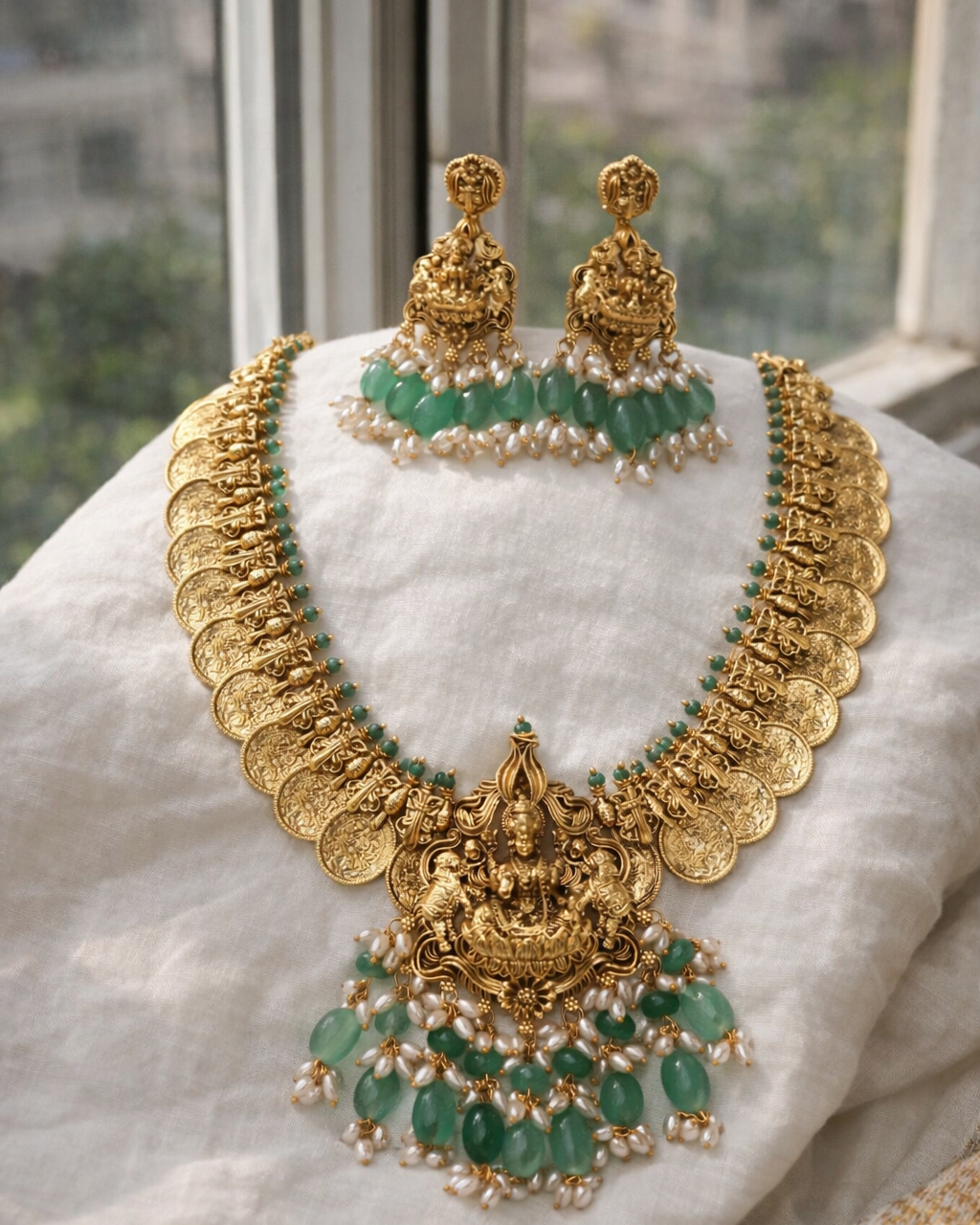 Lakshmi Peacock Coin Necklace Set with Mint Green Beads & Pearls-G354800