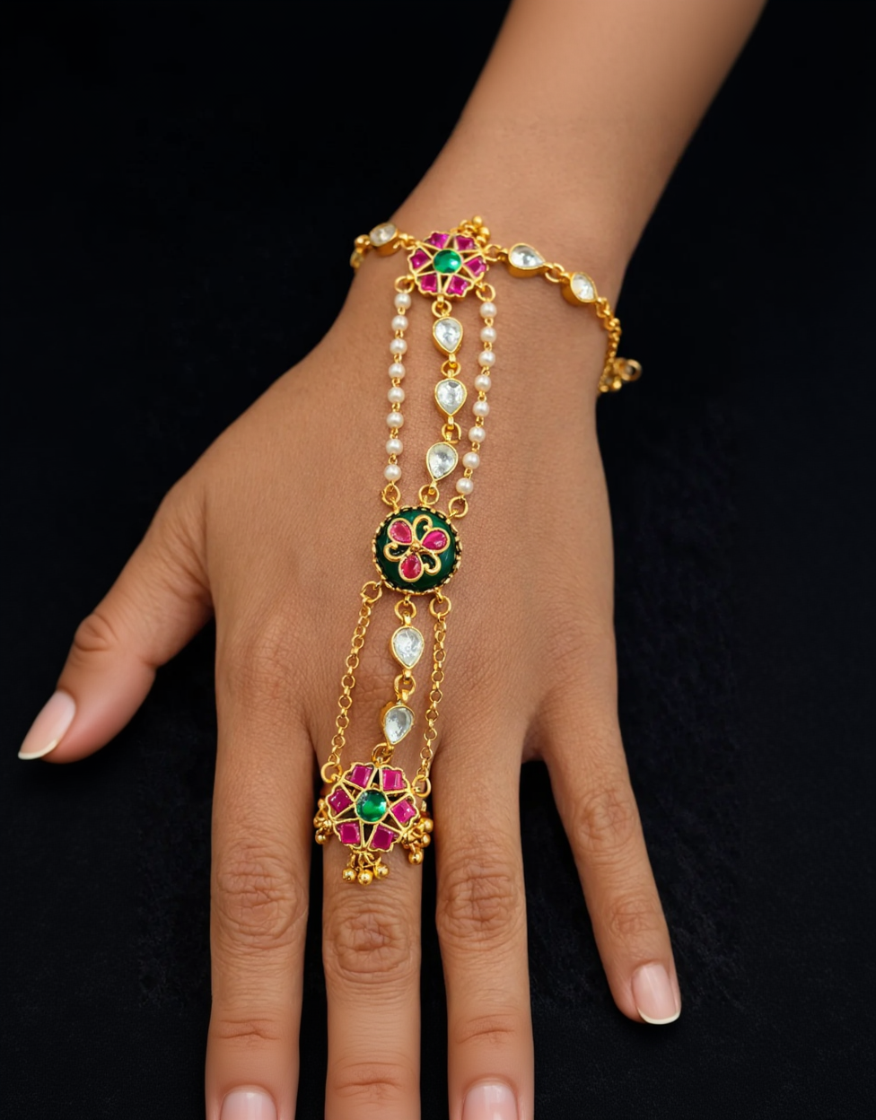 Emrald Green Pachi Kundan Floral Hath phool(Hath Pocha)-G352300