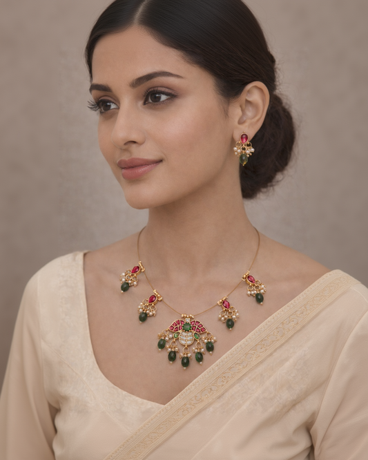 Elegant Peacock Kemp Stone Invisible Necklace Set-G351300