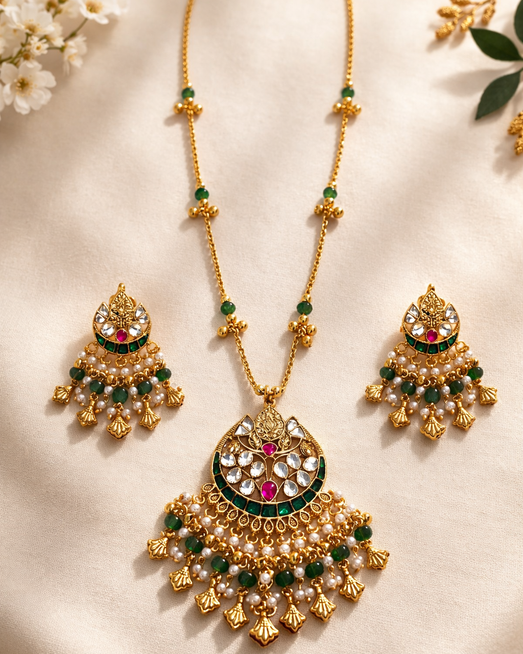 Kundan & Kemp Stone Gold-Plated Pendant Necklace Set with Matching Earrings