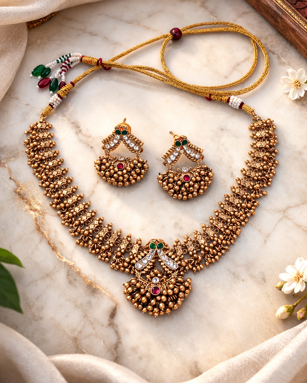 Elegant Gold Finish Flower Design Antique Necklace Set-G354400