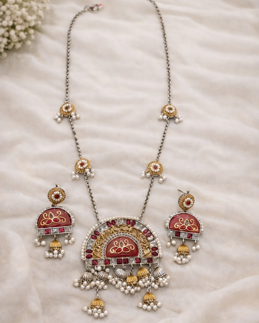 Oxidised Dual-Tone Pink Enamel Jhumka Pendent Set-G351900