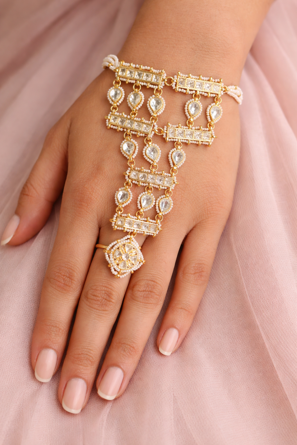 Bridal Kundan & Pearl Hathphool Hand Harness-G752050