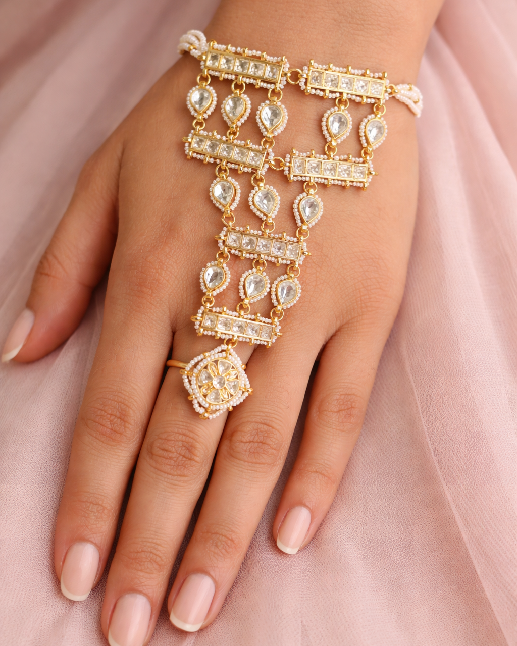 Bridal Kundan & Pearl Hathphool Hand Harness-G752050