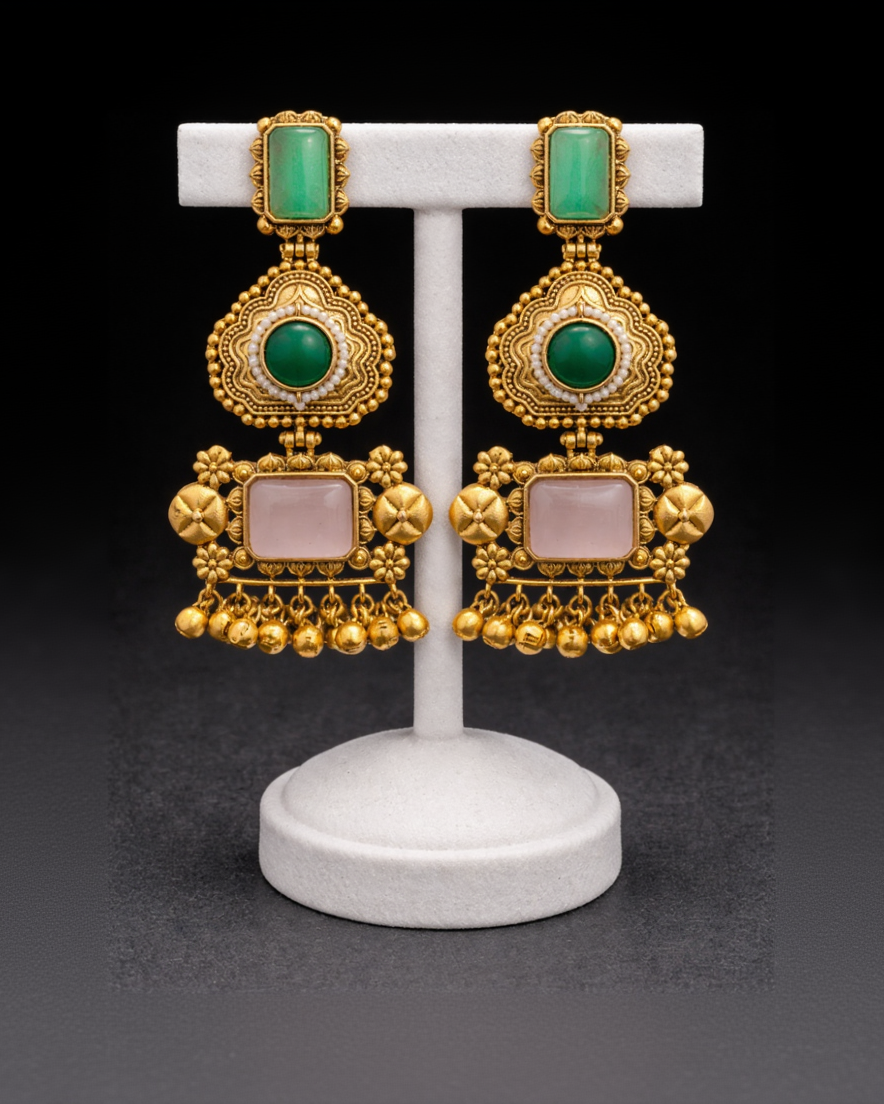 Antique Gold-Plated Drop Earrings with Red & Green Stone-G351100