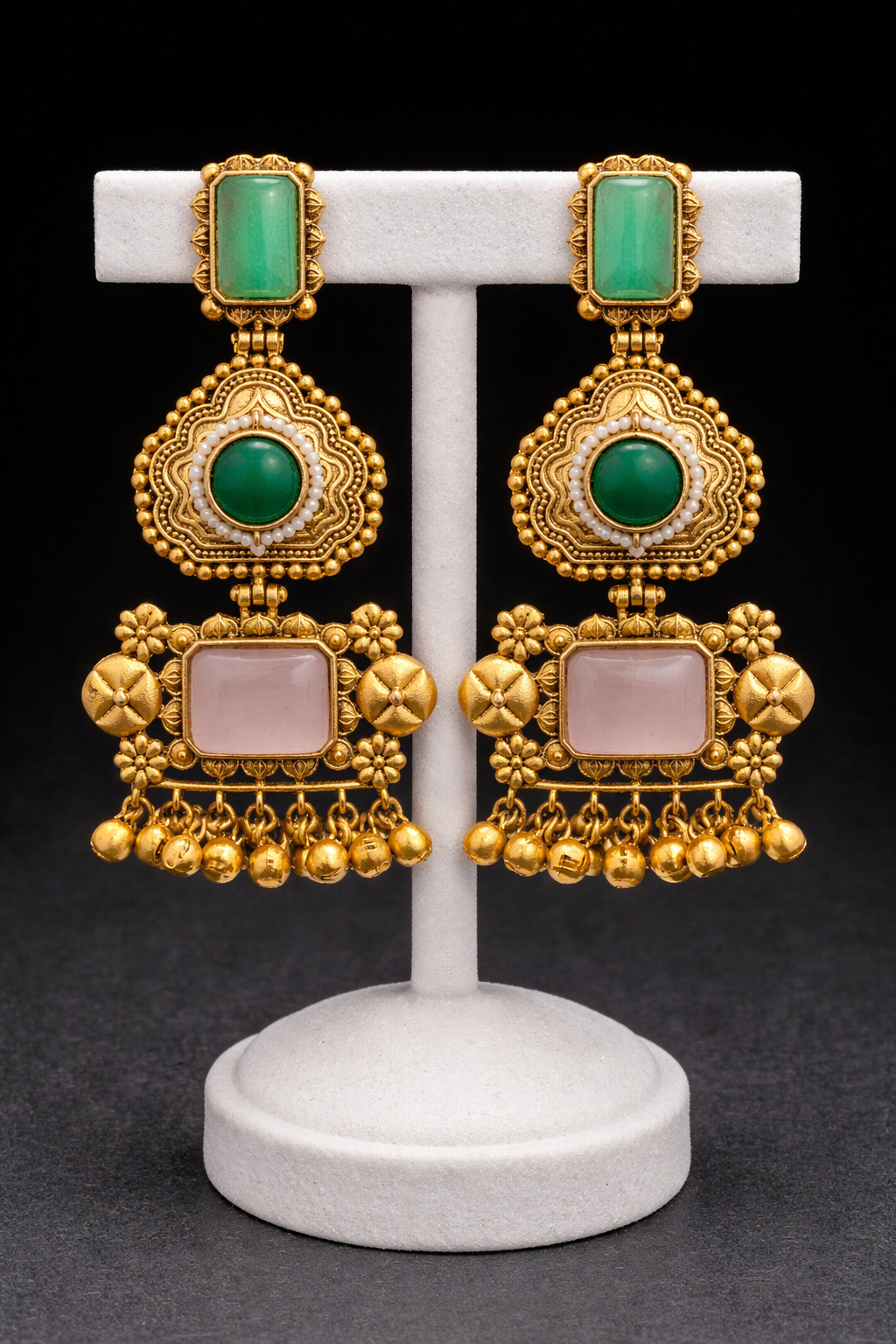 Antique Gold-Plated Drop Earrings with Red & Green Stone-G351100