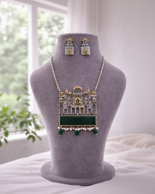 Oxidized Dual-Tone Green Onyx Jewellery Set-G351600