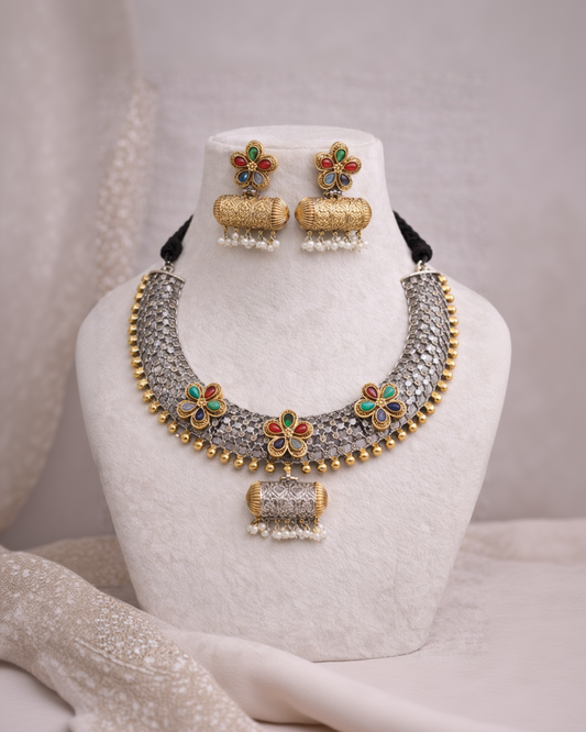 Oxidized Afghan Choker Necklace Set-G3511600