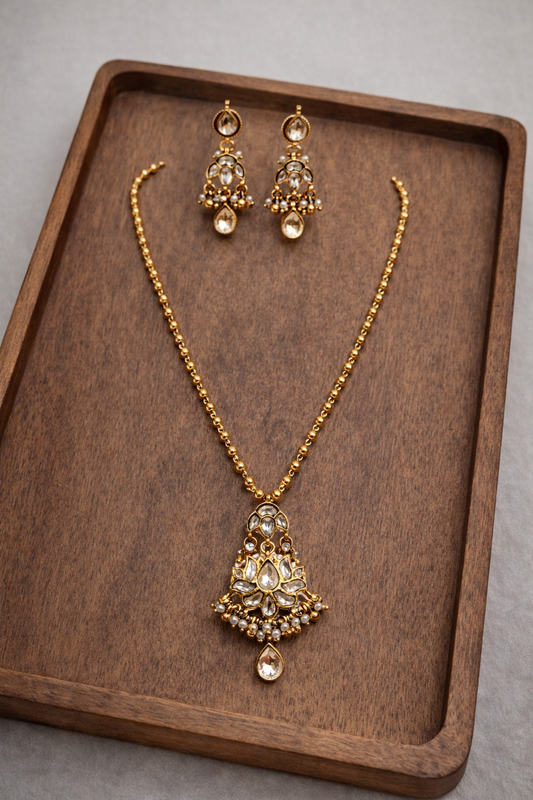 Kundan Polki & Pearl Gold-Plated Pendant Set