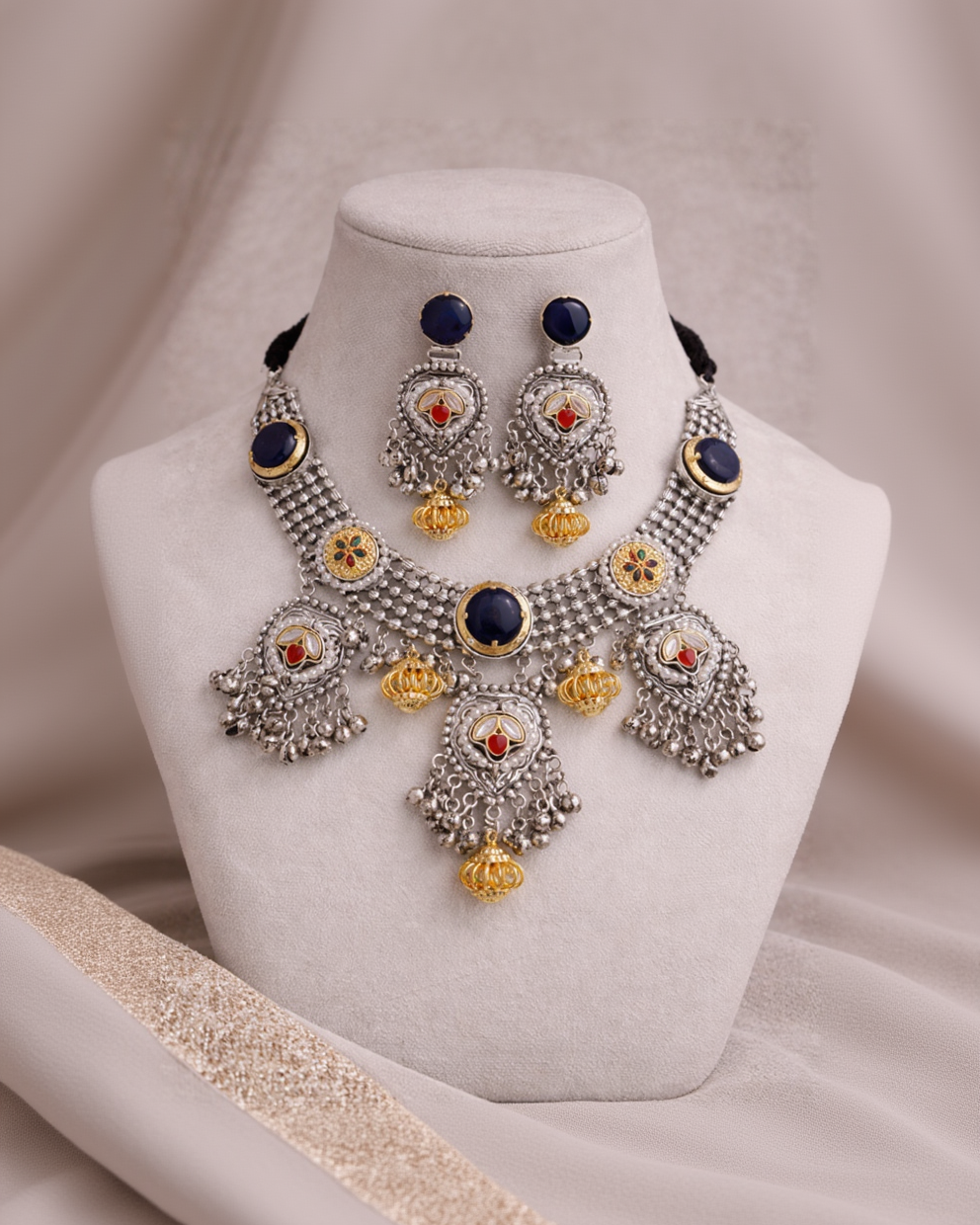 Oxidized Silver Choker Necklace Set-G352000
