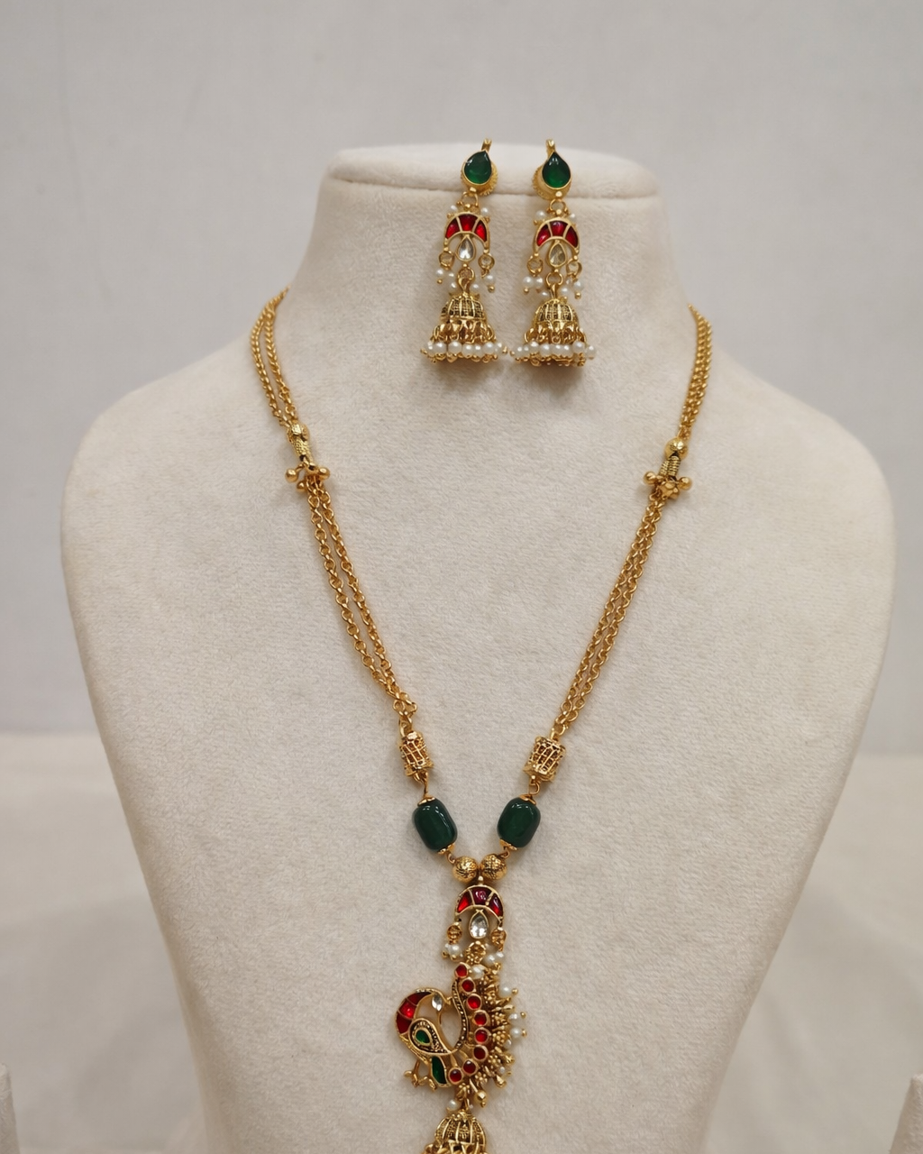 Antique Peacock Pendant in Green Beads Chain with Matching Jhumka Earrings-G352600