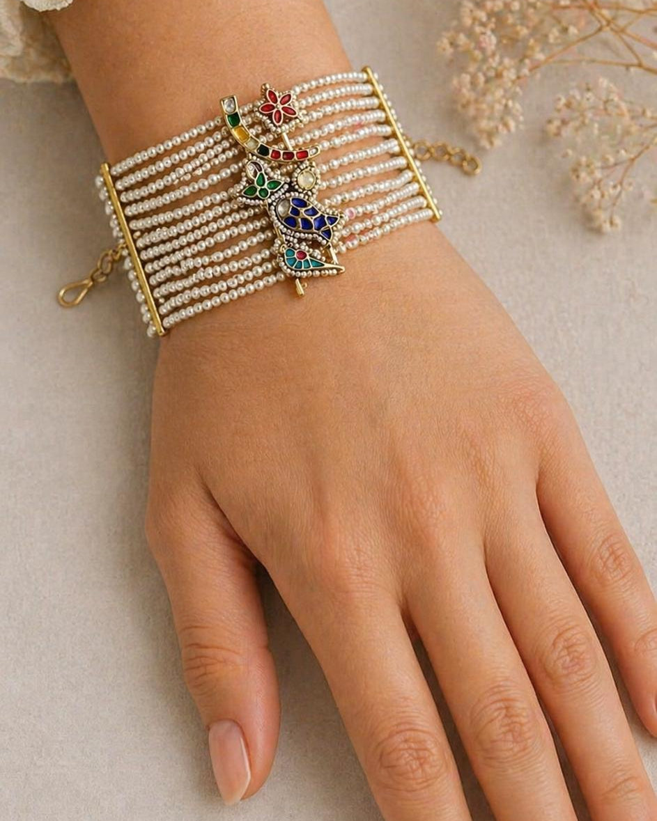 Handcrafted Jadau Kundan Bahi Pearl Bracelet - G377300