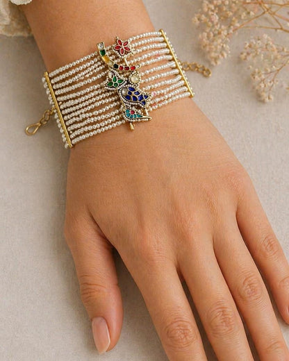 Handcrafted Jadau Kundan Bahi Pearl Bracelet - G377300