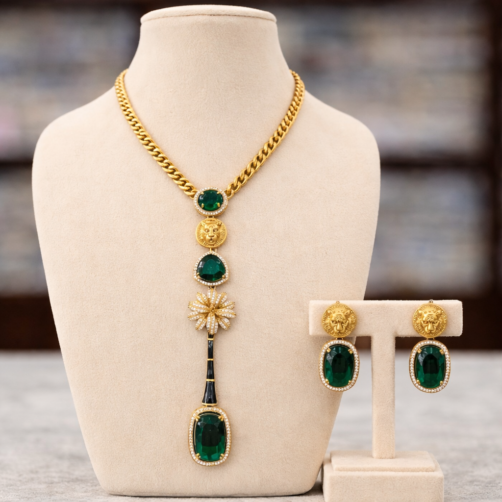 Sabyasachi Dip Neckline Emerald Drop Necklace Set with Lion Motif-G352700