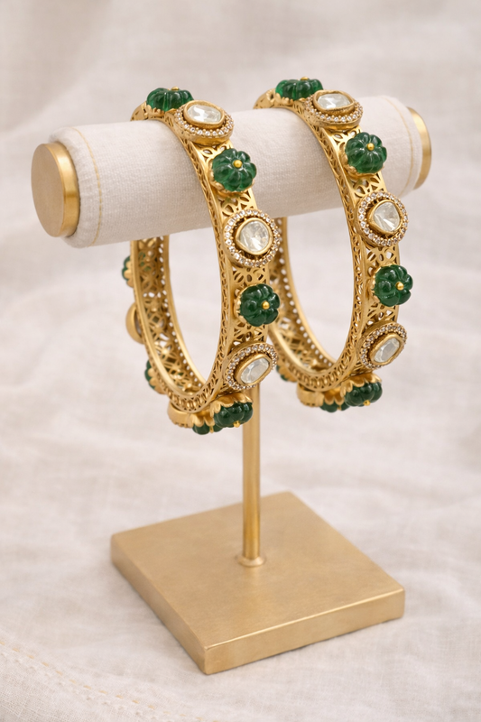 Emerald Floral Kundan Gold Bracelet — Adjustable Statement Kada