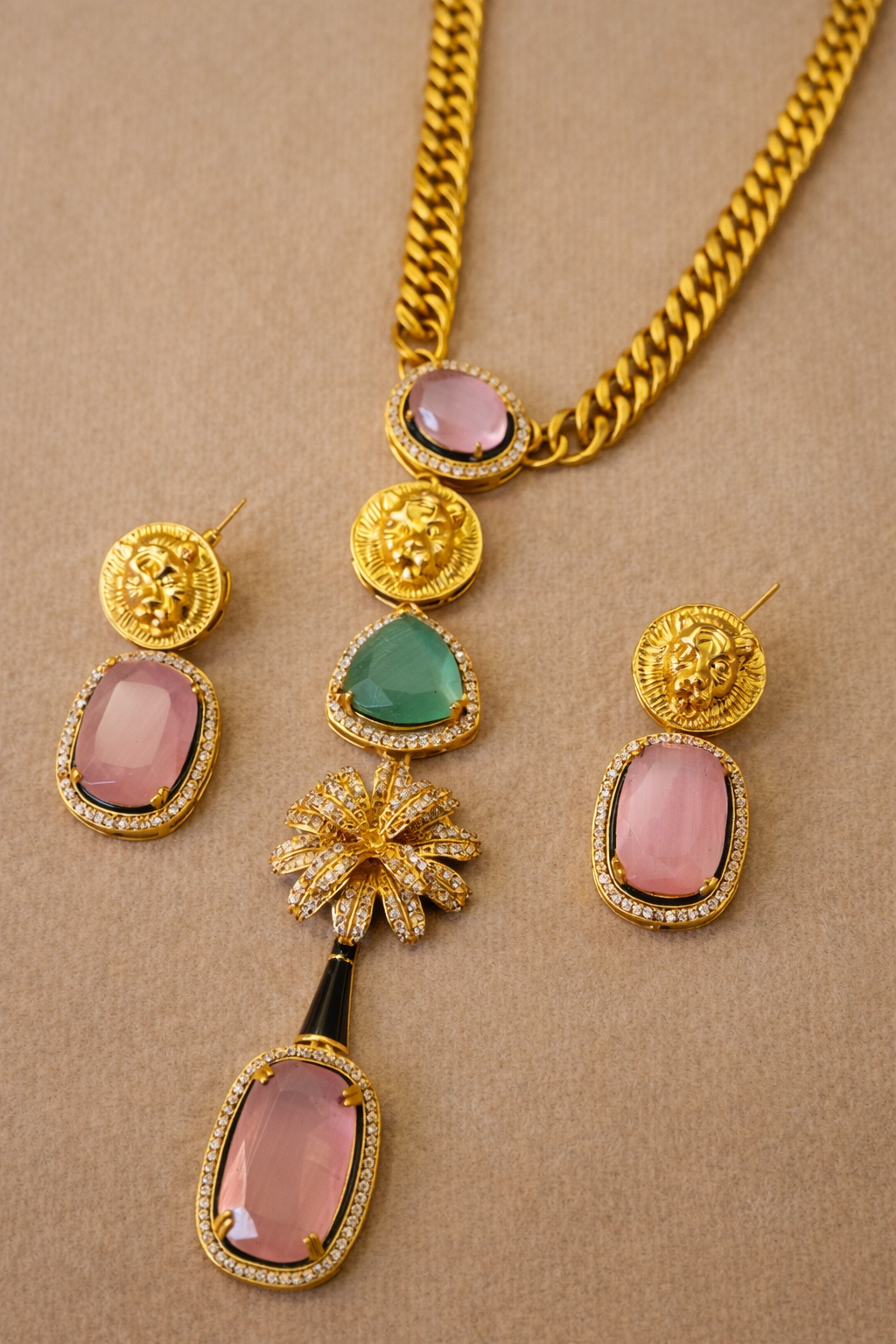 Sabyasachi Dip Neckline Emerald Drop Necklace Set with Lion Motif-G352700