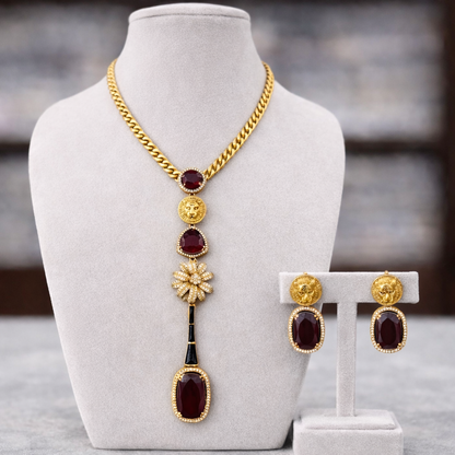 Sabyasachi Dip Neckline Emerald Drop Necklace Set with Lion Motif-G352700