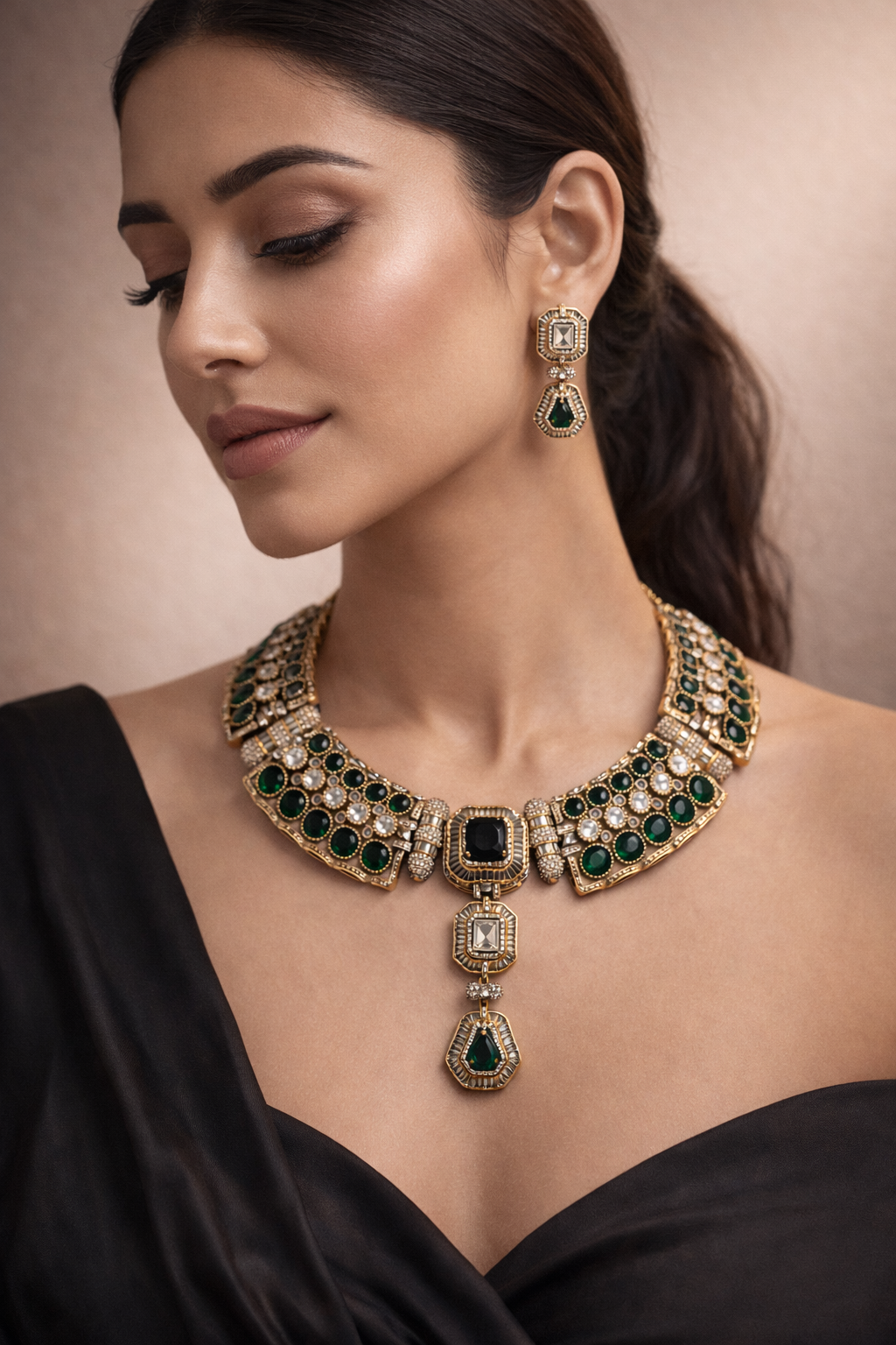 Premium Green Drop Mossainite Necklace Set-G356000