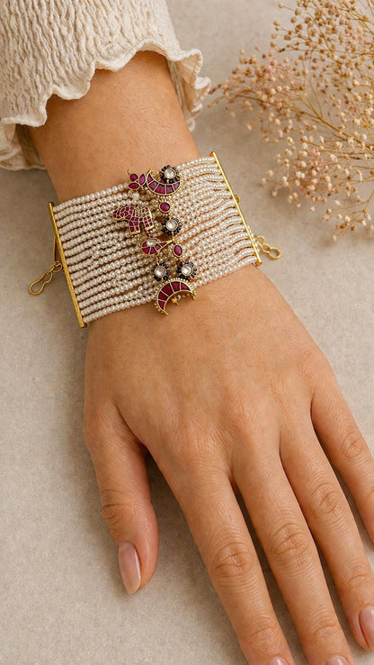 Handcrafted Jadau Kundan Bahi Pearl Bracelet - G387900