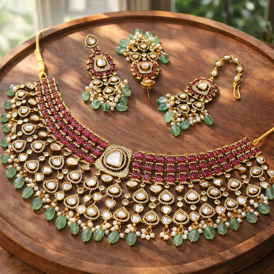 Royal Kundan & Ruby Bridal Choker Set with Mint Drops