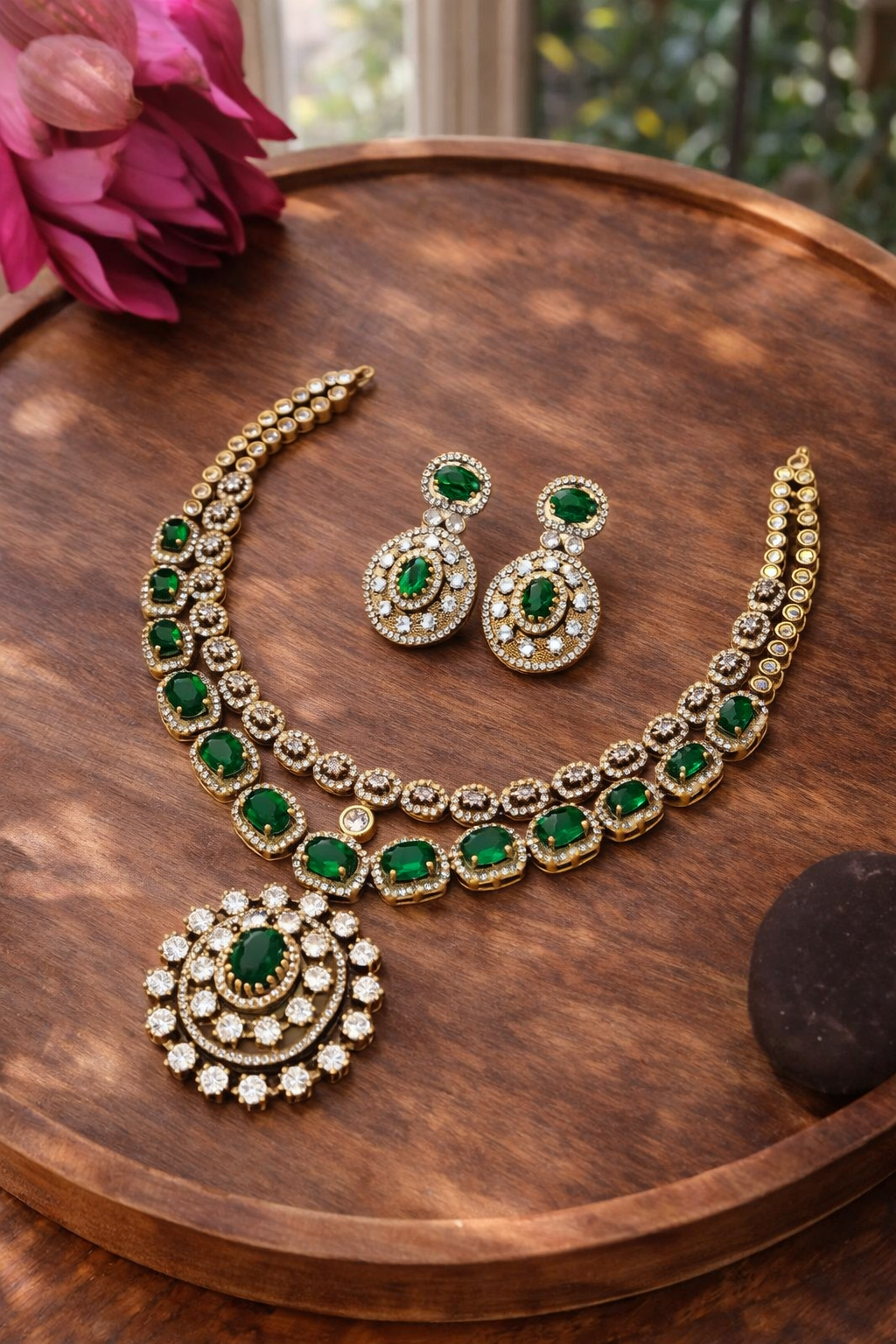Two Line Emerald Victorian Necklace Set - New Arrival