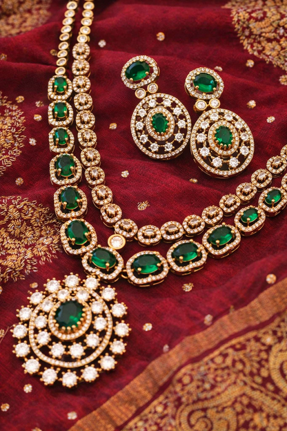 Two Line Emerald Victorian Necklace Set - New Arrival