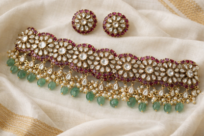 Victorian Polki Floral Choker Set with Emerald Drops