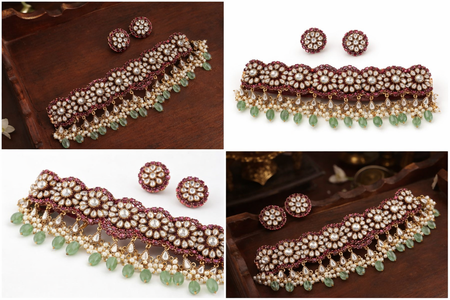 Victorian Polki Floral Choker Set with Emerald Drops