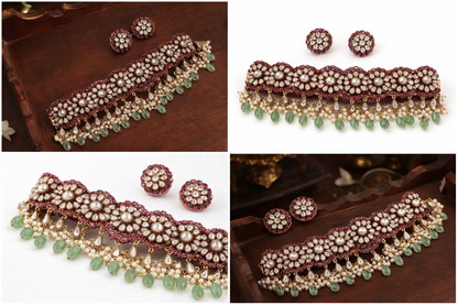 Victorian Polki Floral Choker Set with Emerald Drops