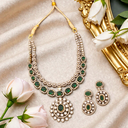 Two Line Emerald Victorian Necklace Set - New Arrival