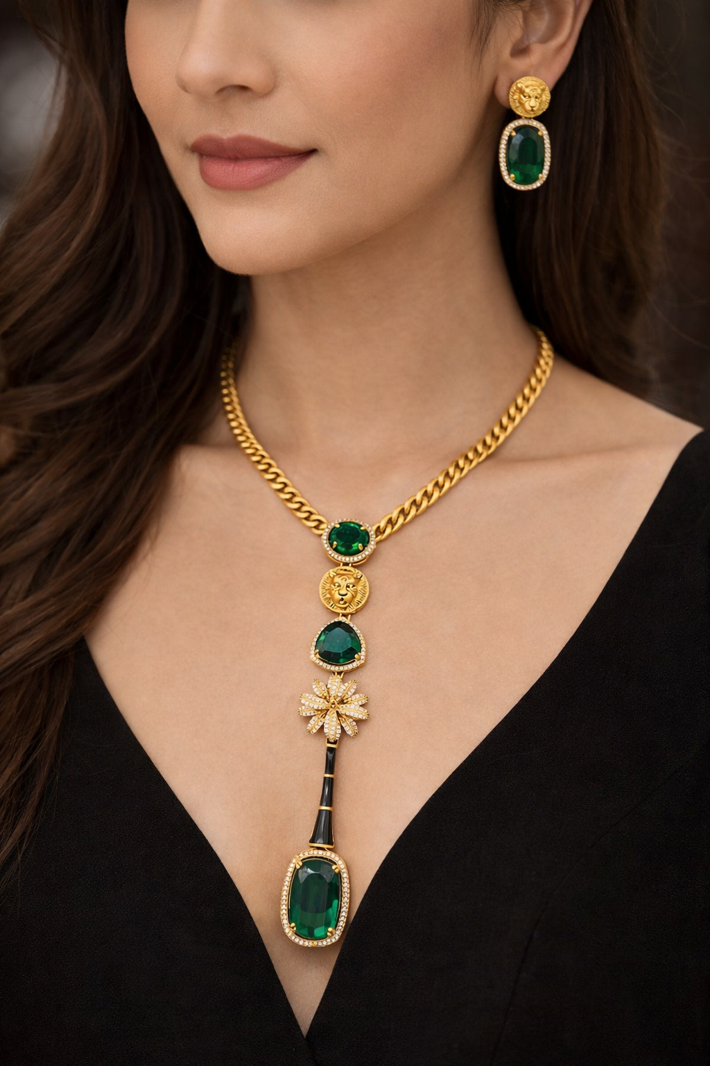 Sabyasachi Dip Neckline Emerald Drop Necklace Set with Lion Motif-G352700
