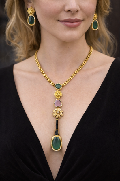 Sabyasachi Dip Neckline Emerald Drop Necklace Set with Lion Motif-G352700