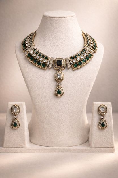 Premium Green Drop Mossainite Necklace Set-G356000