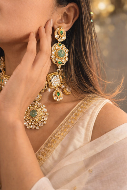 Clustered Real White Pearl & Emerald Necklace Set-G358800
