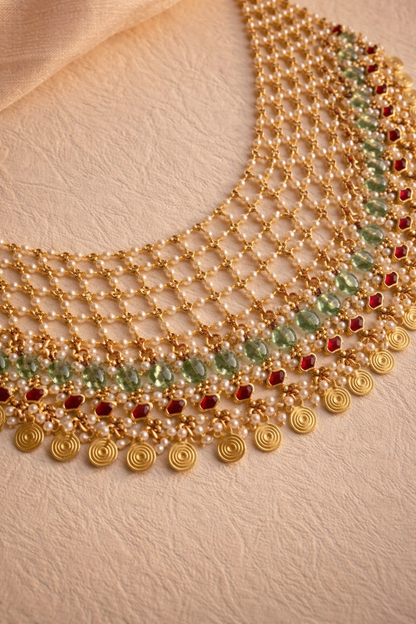 Multi-Layered Jadau and Pearl Choker with Gold Coin Drops - G354800