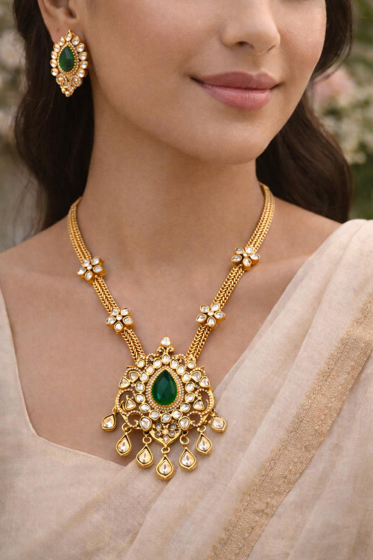 long chain necklace with a centerpiece pendant