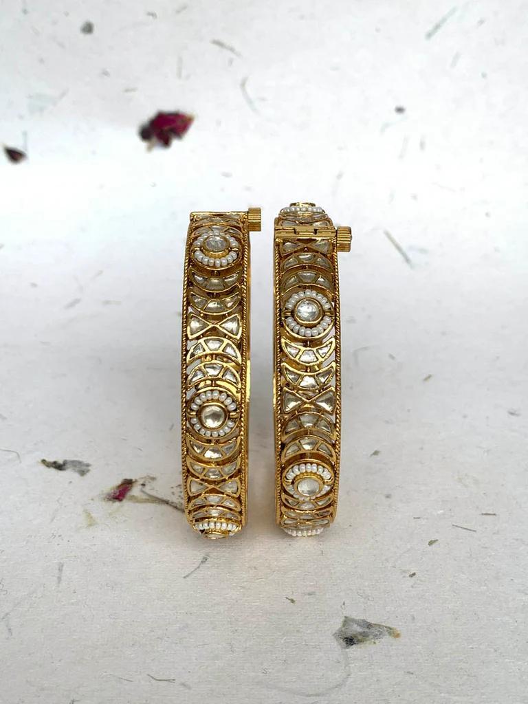 Gold Plated White Kundan Polki Bangles