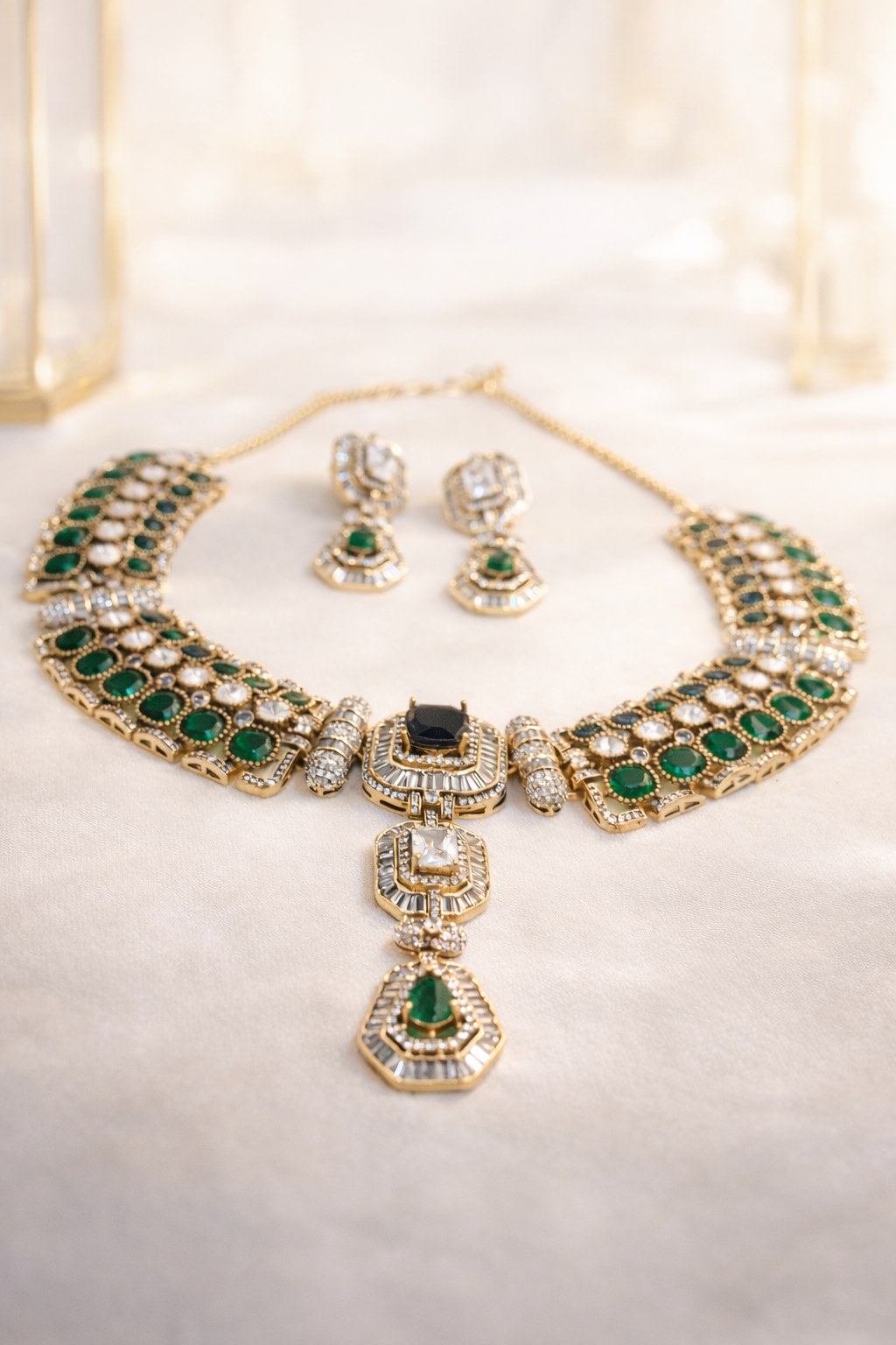 Premium Green Drop Mossainite Necklace Set-G356000