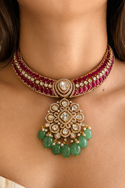 Royal Ruby & Polki Choker Set with Mint Bead Drops