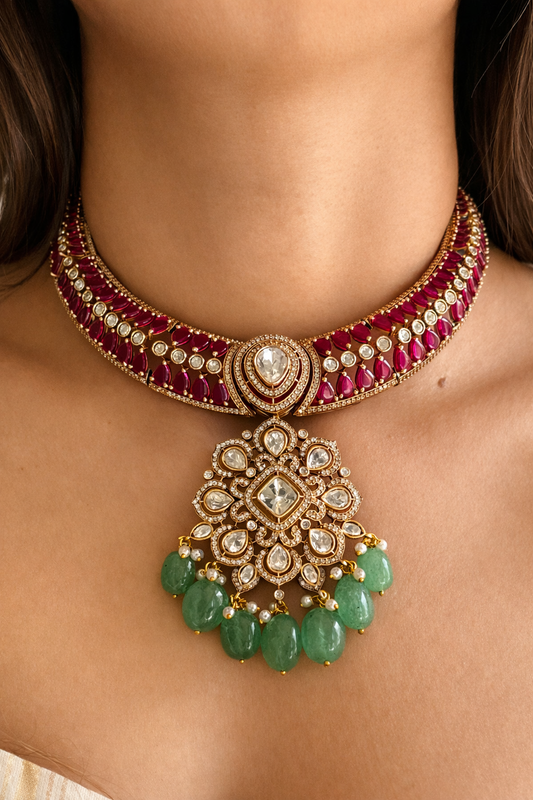 Royal Ruby & Polki Choker Set with Mint Bead Drops