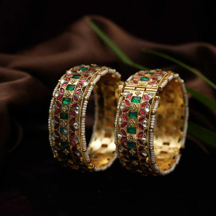 Gold Plated Jadau Broad Bangles