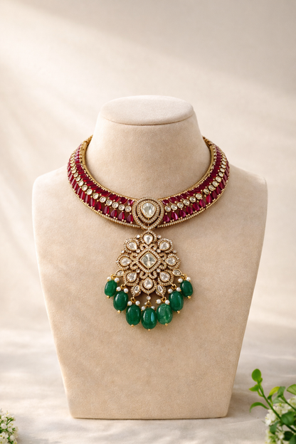 Royal Ruby & Polki Choker Set with Mint Bead Drops