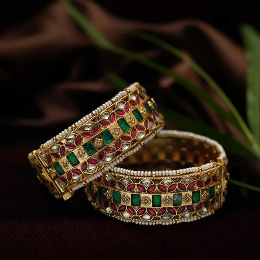 Gold Plated Jadau Broad Bangles