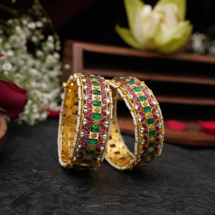 Gold Plated Jadau Broad Bangles