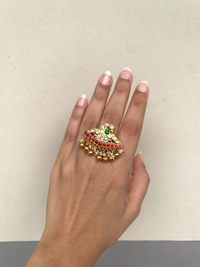 Jadau Kundan Peacock Motif Ring