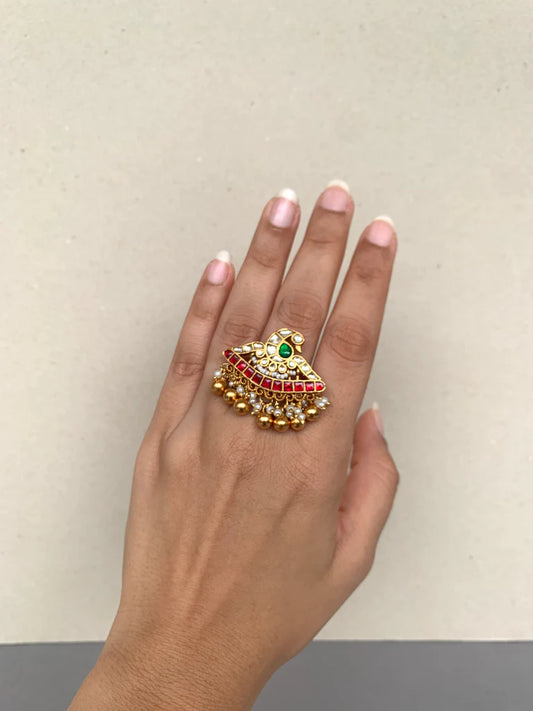 Jadau Kundan Peacock Motif Ring