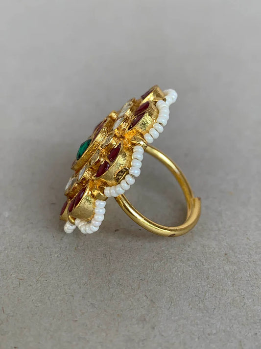 Gold Plated Jadatar Pachhi Kundan Ring